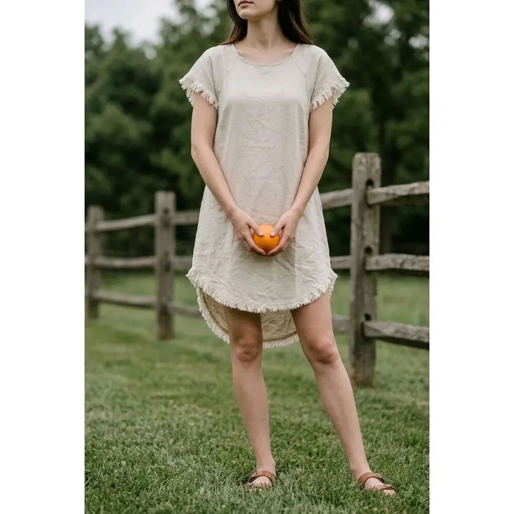 🔹️Umgee Cream Linen Blend Boho Raw Hem Short Sleeve Dress Large
